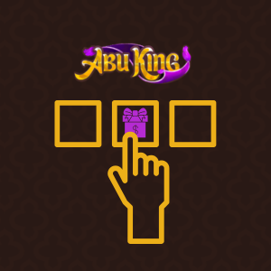 Eine Hand zeigt auf das mittlere von drei Feldern mit einem Geschenksymbol unter dem AbuKing-Logo.