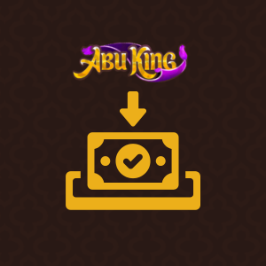 AbuKing-Logo mit Pfeil nach unten und Geld-Check-Symbol auf braunem Hintergrund.