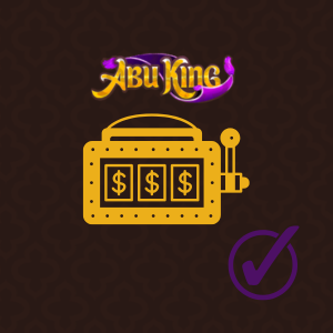 AbuKing-Logo mit Spielautomat und Dollarzeichen, Häkchen-Symbol auf braun.