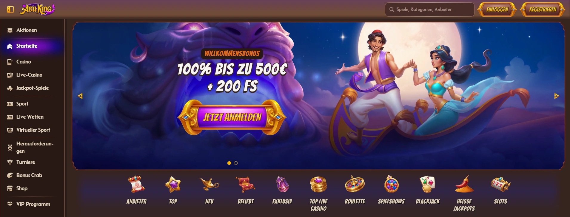 Die Startseite von AbuKing Casino mit den Schaltflächen „Registrieren“ und „Einloggen“ oben rechts.