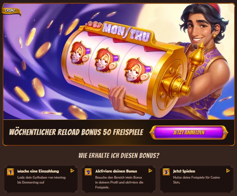 Banner des Weekly Reload Bonus mit Darstellung der Belohnung und Anleitung zur Einlösung.