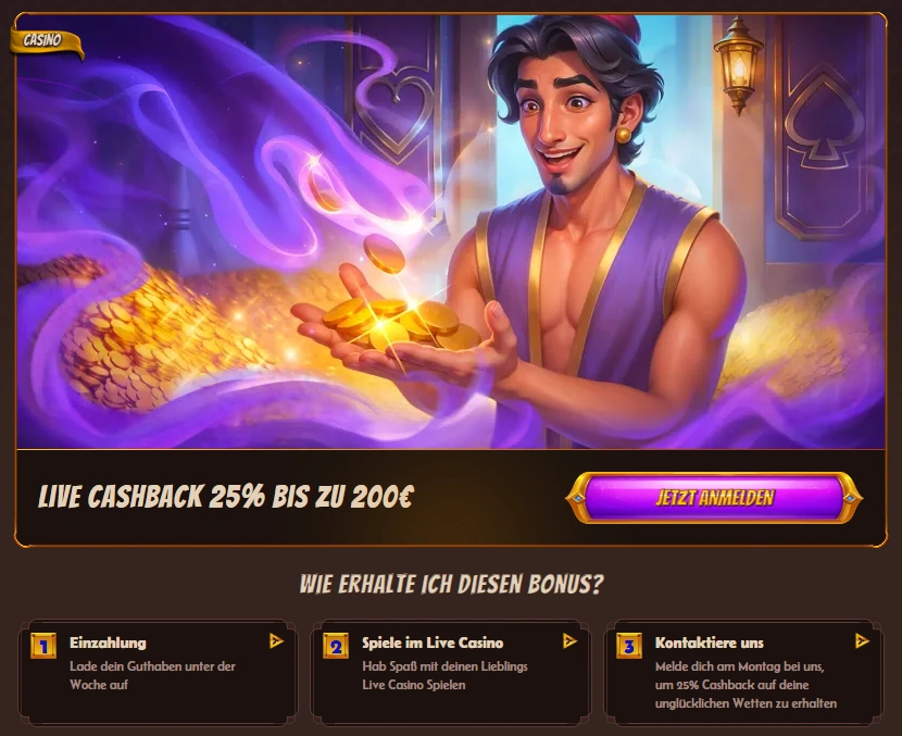 Banner für das Live Casino Cashback, das die Belohnung und den Ablauf zur Einlösung zeigt.