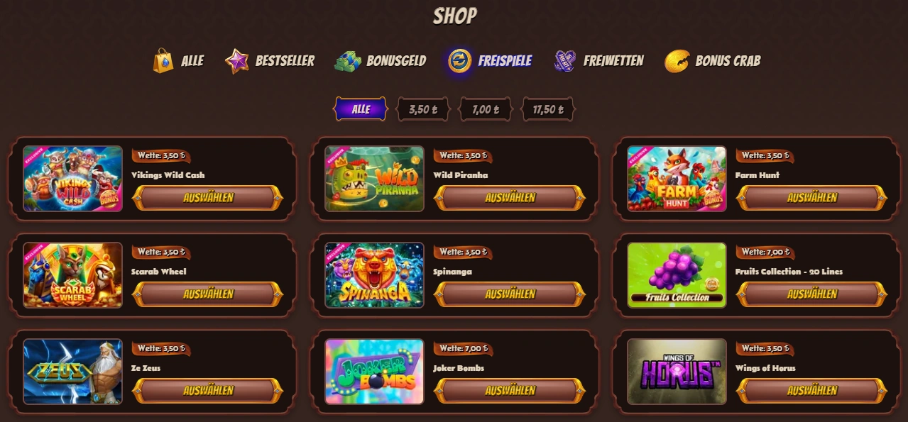 Der AbuKing Casino Bonus-Shop mit einer Auswahl an Freispiel-Prämien.
