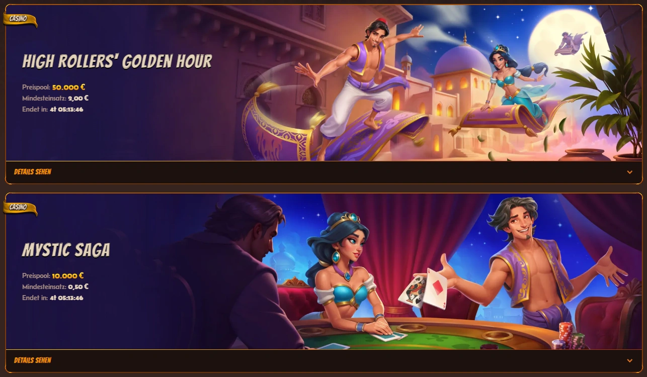 Die Turnierseite von AbuKing Casino zeigt zwei laufende Events.
