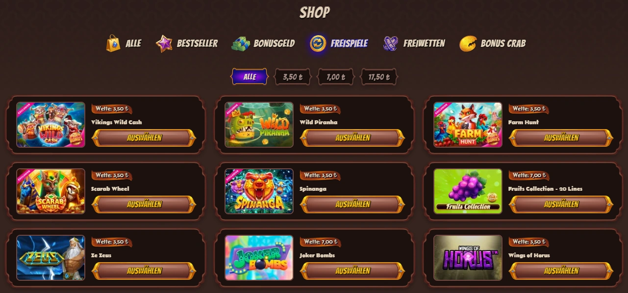 Der AbuKing Bonusshop mit den verfügbaren Freispiel-Optionen.